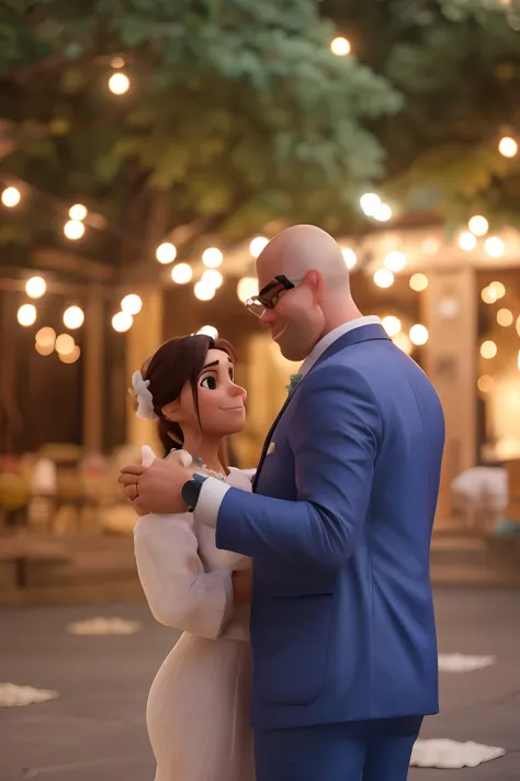 Fazer 1 homem e uma mulher, abracados pessoas detalhado, com baloes, universo disney PIXAR com cores vibrantes, texturas, mulher de vestido de noiva. On his left hand he wears a wedding ring. olhos castanho escuro. On her foot is wearing a beautiful white ...