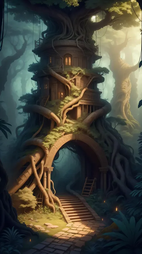 ExpeditionStyle a winding pathway through a dense forest of towering trees, mysterious, ancient mystical artifact, (Masterpiece:1.3) (best quality:1.2) (high quality:1.1)