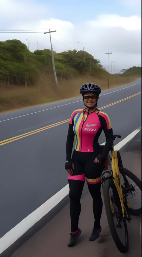 Theres a woman next to a bicycle on the side of the road, ciclismo!!, with neon visor, comprimento de corpo inteiro, Fato de ciclismo Nike, standing bravely on the road, Karla Ortiz, tiro de comprimento total, motociclista, tiro frontal completo, Andar na ...