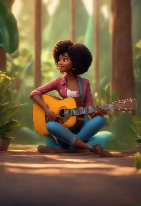 A straight-haired black singer with bangs with acoustic guitar looking at a dream project inspired by Pixar animation, de perto. The character takes center stage with captivating expressions