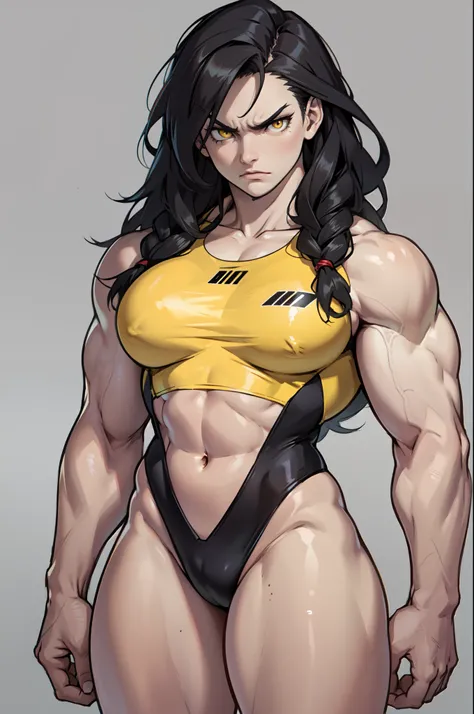 (1girl) pale skin huge breasts (muscular)) toned body thick thighs black hair yellow eyes (swimsuit long hair grey background) bodybuilder angry