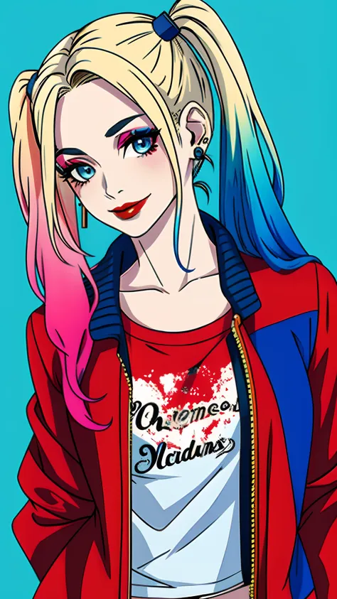 masterpiece, best quality, high quality, 1girl, solo,
harley quinn, twintails, smile, blue eyes, blonde hair, jacket, multicolor...