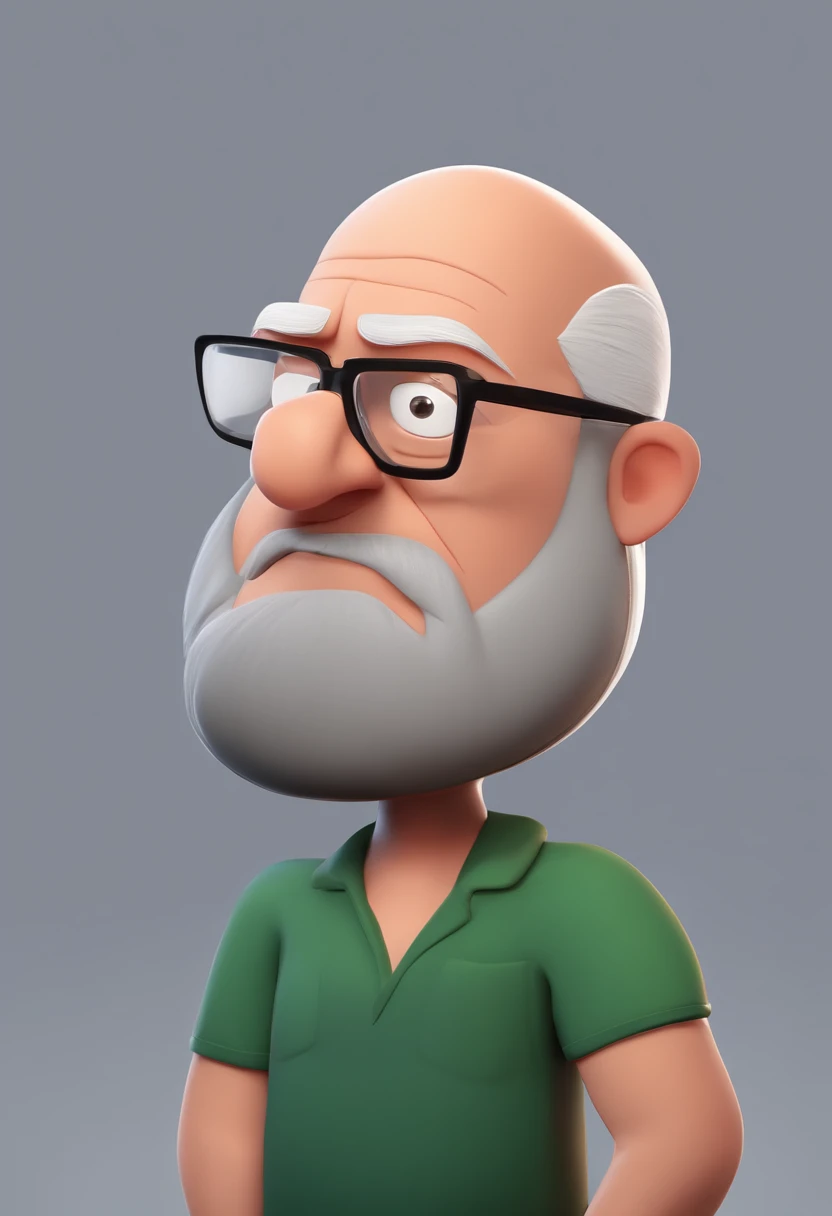 Cartoon character of a bald man with a gray beard with black glasses and a green shirt, animation character.