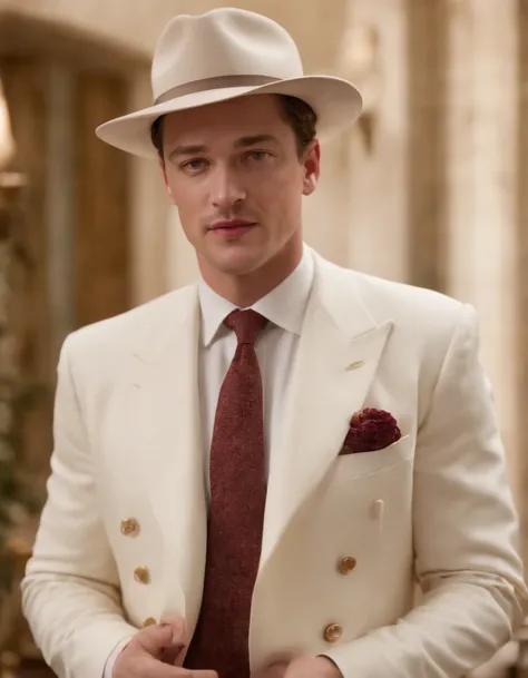 Man in suit and tie standing in a restaurant, a suited man in a hat, homem bonito, beautiful man, white suit and hat, vestido como nos anos 1940, Directed by: John La Gatta, Tom Hardy como Henry Dorsett Case, homem atraente, muito bonito, inspirado em Roy ...