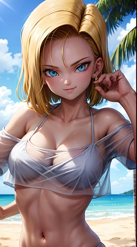 Android 18, ( upper body closeup shot ), ( Bokeh effect ), very seductive, seductive pose, smiling, cute, very cute, ultra high definition, masterpiece, ultra high quality, ultra detailing, 8k, in a see through bikini, white bikini, wet, off shoulder, wet ...