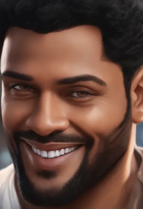 Personagem de desenho animado de um homem de 43 anos, black hair, Rosto redondo, rosto redondo com sorriso encantador, com olhos castanhos.