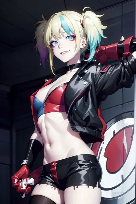 harleyquinn, harley quinn, bangs, blue eyes, blonde hair, twintails, blue hair, multicolored hair, choker, gradient hair, makeup, piercing, pink hair, lips, lipstick, red lips, smile, grin,
BREAK thighhighs, gloves, navel, cleavage, jewelry, jacket, open c...