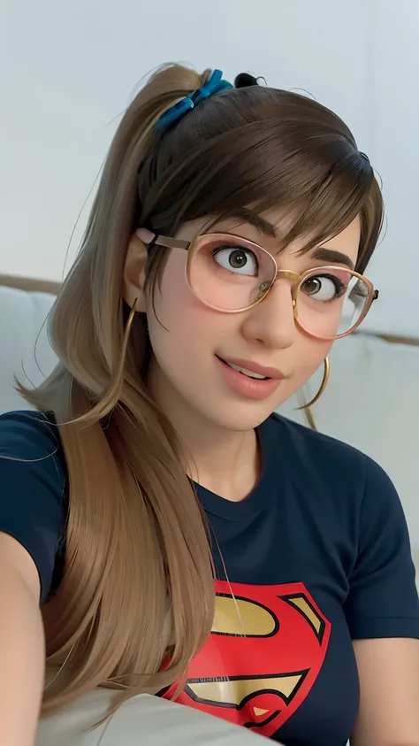 Woman with glasses and a Superman t-shirt sitting on a sofa, Valentina Embaralhamento, leve sorriso nerd, With eye Glasses, Pokimane, nerdy appearance, nerdy glasses, thick glasses, imagem de perfil, fernanda suarez, girl with glasses, bonito ligeiramente ...