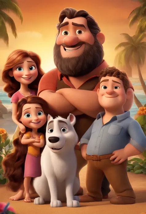 a Disney Pixar movie poster showing a white-skinned family. The father is the tallest, Tem barba curta, loiro, cabelos curtos e espinhosos. The mother has brown eyes and hair, shoulder-length and is slightly overweight. A menina tem 4 anos e cabelos castan...