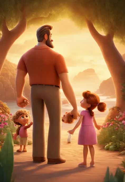 a movie poster by Disney Pixar spotting a white-skin family. The father is the tallest, has a short beard, blond, short and spikey hair. The mom has brown eyes and hair, at shoulder-lenght and is slightly overweight. The little girl is 4-years old and has ...