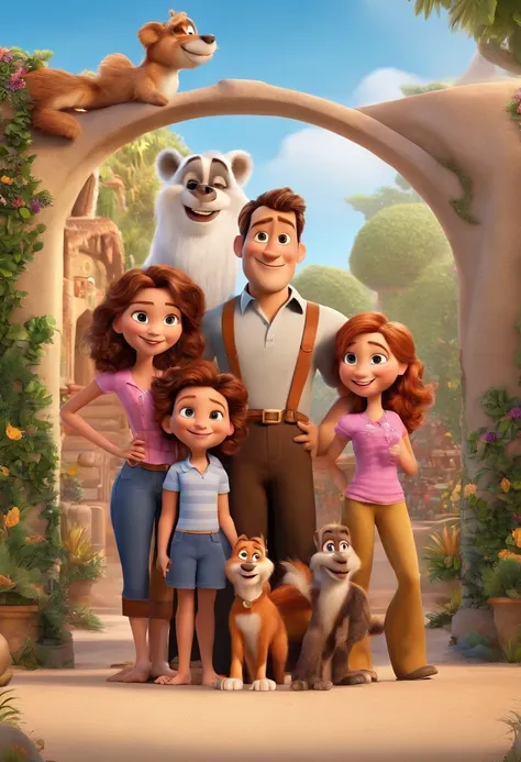 a movie poster by Disney Pixar spotting a white-skin family. The father is the tallest, has a short beard, blond, short and spikey hair. The mom has brown eyes and hair, at shoulder-lenght and is slightly overweight. The little girl is 4-years old and has ...