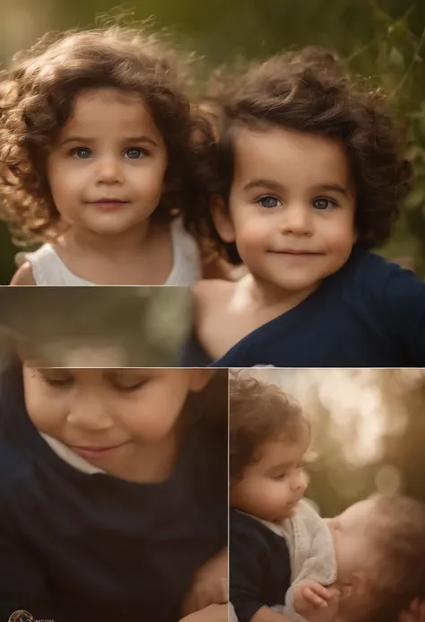 menino: Miguel, aproximadamente 5 anos de idade, cabelo curto estilo Disney, olhos castanhos e sorrisos. garota: Giovana, 2 anos, longos cabelos pretos e olhos azuis. scenecy: Miguel and Giovana are in a cozy little house in the valley, ao fundo um dia ens...