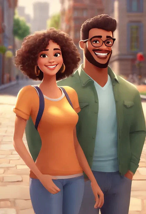 An illustration of an adorable couple, Highlight for a chubby mulatto man with glasses smiling and a brunette woman with beautiful expressive eyes - the mans skin is mulatto and the mans hair haswhile the womans skin is black and the womans hair is straigh...