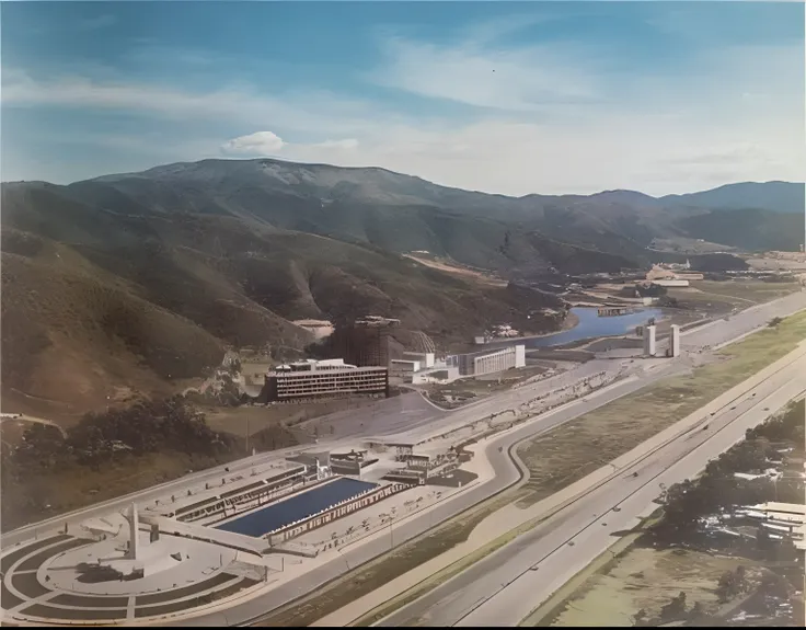 An aerial view of a large city with a river running through it, a digital representation of Naondo Nakamura, flickr (In English), sōsaku hanga, 1 9 7 5 foto, 1 9 7 0 s foto, Photo from the 1970s, 70s, 70s, photo from the 70s, 7 0 s foto, 80s