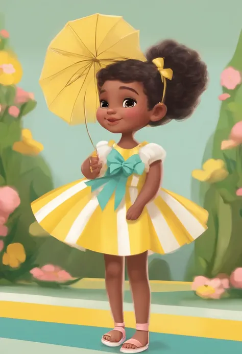 Image of a girl for a story in a YouTube video in Pixar format, ela te. Cabelos pretos longos, Shes the leader of children , Shes outgoing, Playful and gets up for a lot of things, ela usa vestido rodado amarelo ckm listras nas cores pasteis azul, pink and...