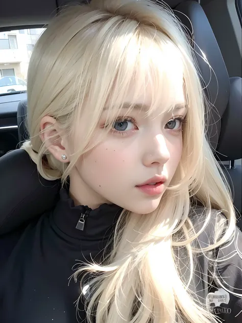 chica rubia de ojos azules y pelo largo sentada en un coche, Cabello largo y rubio y ojos grandes, cabello rubio y ojos grandes, Cabello largo y rubio y ojos grandes, Chica perfecta de pelo blanco, ulzzang, Cabello largo y blanco y flequillo, extremely pal...