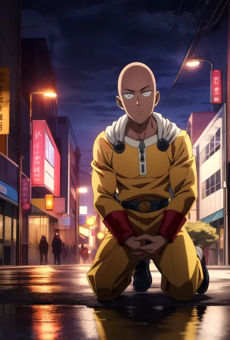 1 homem, (saitama), blade head, vestindo amarelo, olhos negros, luvas vermelhas, botas vermelhas, poder aura, noite, foco mascul...