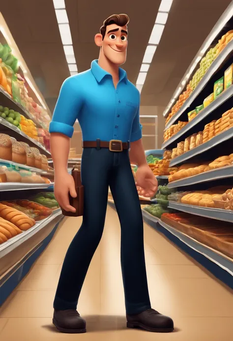 Cartoon character of a man wearing a blue shirt and black pants ,Fundo do supermercado escrito Superbread, Pose de personagem, (Estilo Pixar)