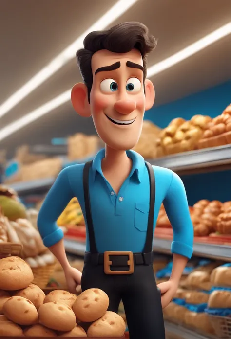 Cartoon character of a man wearing a blue shirt and black pants ,Fundo do supermercado escrito Superbread, Pose de personagem, (Estilo Pixar)