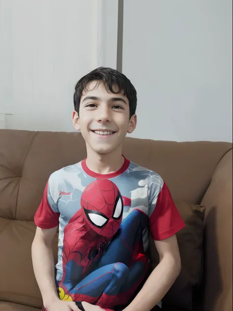 Arafed boy in a spider - shirt of man sitting on a sofa, Spiderman!!, Retrato do Homem-Aranha, Spiderman, Peter Parker como Homem-Aranha, Riyahd Cassiem, cabrito, Salvando o dia novamente, Pedro Parker, Michal, mateus 9 5, Reyyan, happily smiling at the ca...