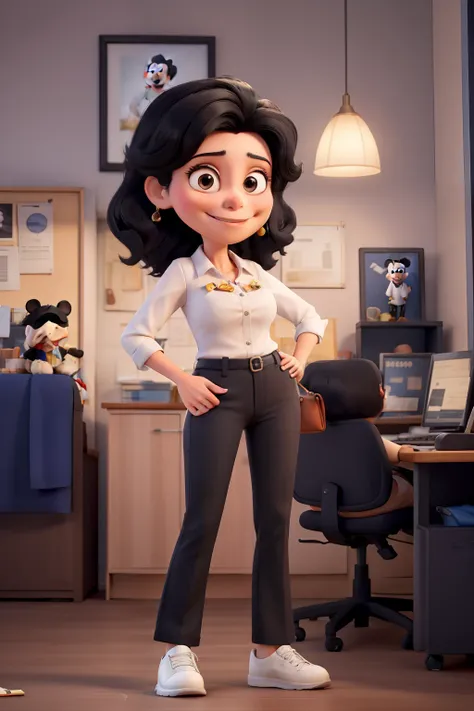 Mulher de 1,70. Linda, medium and straight black hair. Wearing a pair of ready-made pants with a white blouse with a picture of mickey. Shes a businesswoman. O fundo referente a disneh