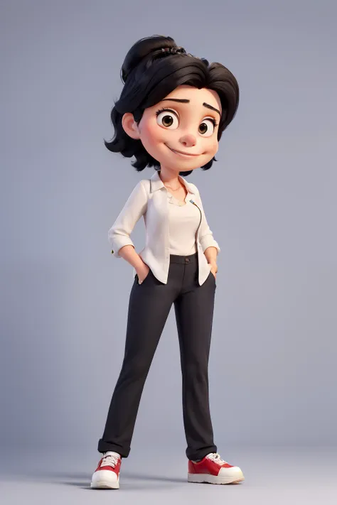 Mulher de 1,70. Linda, medium and straight black hair. Wearing a pair of ready-made pants with a white blouse with a picture of mickey. Shes a businesswoman. O fundo referente a disneh