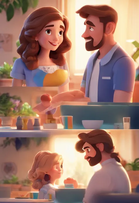 An illustration of an adorable couple, Destacando um homem e uma mulher com beleza, Expressive eyes – the mans hair is bald and brown and he has a full beard, While the womans hair is tied up in a bun and blonde. They are a bright space, Todos com um sorri...