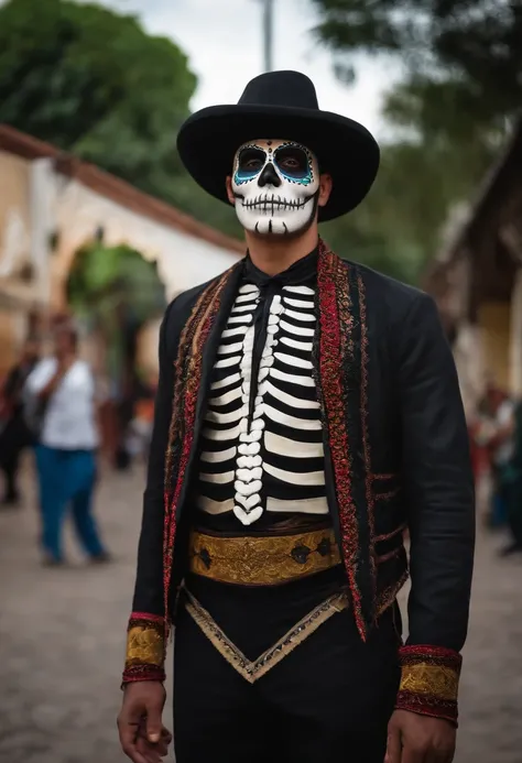 35-year-old Brazilian white man dressed as a skull with face paint looking impressed Day of the Dead Mob in Mexico Oaxaca City. Desenhar do estilo pixar.