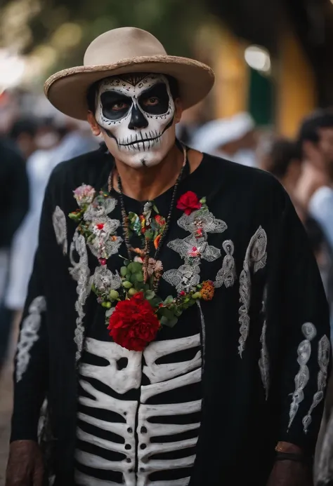 35-year-old Brazilian white man dressed as a skull with face paint looking impressed Day of the Dead Mob in Mexico Oaxaca City. Desenhar do estilo pixar.