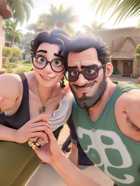 Obra-prima, de melhor qualidade, um casal sorrindo o homem de camisa verde, Glasses and dark beard and hair Woman in black shirt and sunglasses and black hair curly8