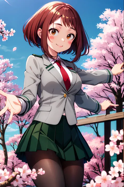 masterpiece, best quality, highres, hmochako, blush stickers, short hair, medium breasts. school uniform, green skirt, pleated skirt, red necktie, black pantyhose, white shirt, long sleeves, grey jacket, reaching out, smile, cherry blossoms, outdoors, cowb...