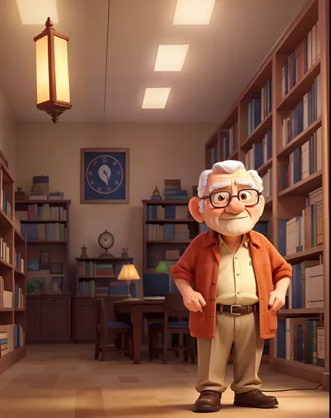 A wise old man standing in front, illuminated by the light of a lamp, against the backdrop of a library with a camera and screen