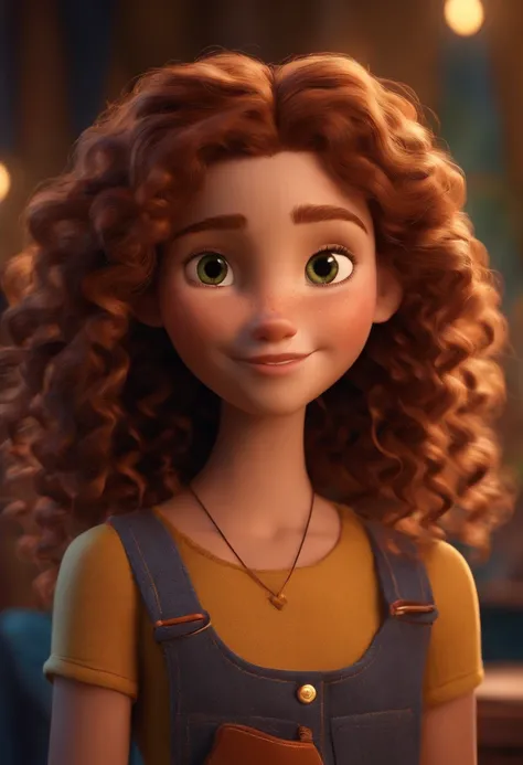 pixar stile 3d, cartoon ,thirteen year old girl with freckles and long curly hair