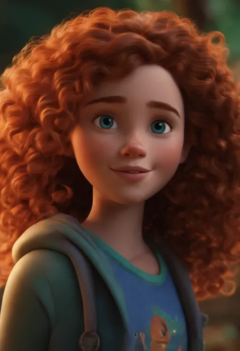 pixar stile 3d, cartoon ,thirteen year old girl with freckles and long curly hair