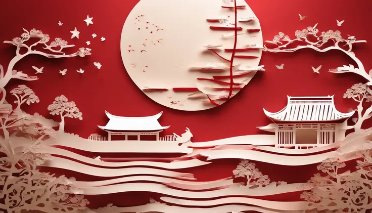 Flat Paper Cutout，Red background。(Best Quality,4K,8K,hight resolution,masutepiece:1.2),Ultra-detailed,Realistic:1.37,Traditional Chinese Art Style,Moonlit landscape,Moonlight silhouette art,Cut Paper Art,Layer effects,Projected shadows,Paper cutouts with i...