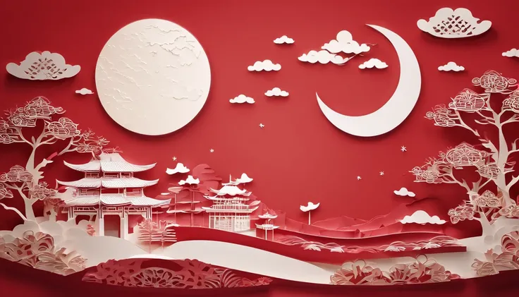 Flat Paper Cutout，Red background。(Best Quality,4K,8K,hight resolution,masutepiece:1.2),Ultra-detailed,Realistic:1.37,Traditional Chinese Art Style,Moonlit landscape,Moonlight silhouette art,Cut Paper Art,Layer effects,Projected shadows,Paper cutouts with i...