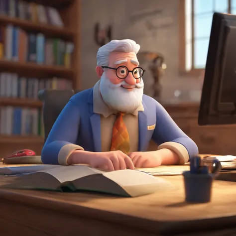 Crie um cartaz inspirado na Disney Pixar com o personagem sendo o pastor Rubens Janier, A gray-haired man wearing glasses, in an office with a Bible on the table