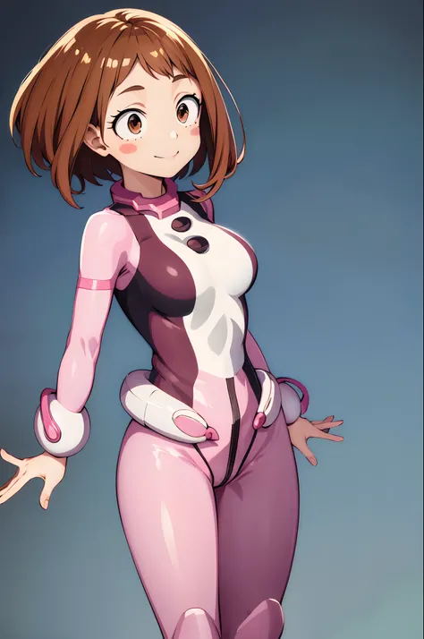 masterpiece, best quality, highres, hmochako, blush stickers, short hair, medium breasts, superhero, bodysuit, cowboy shot, standing, smile,