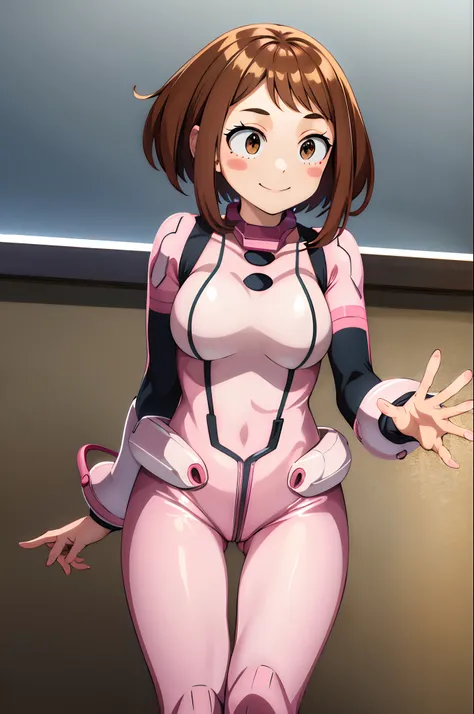 masterpiece, best quality, highres, hmochako, blush stickers, short hair, medium breasts, superhero, bodysuit, cowboy shot, standing, smile,