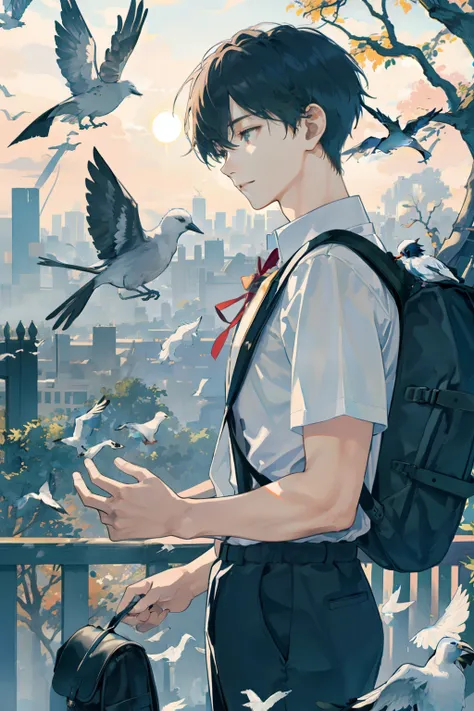 masterpiece, best quality, 1boy, male focus, handsome, residential area, fence, spindle trees, afternoon sun, the way home from school, school uniform, backpack, flock of birds, from directly side, depth of field