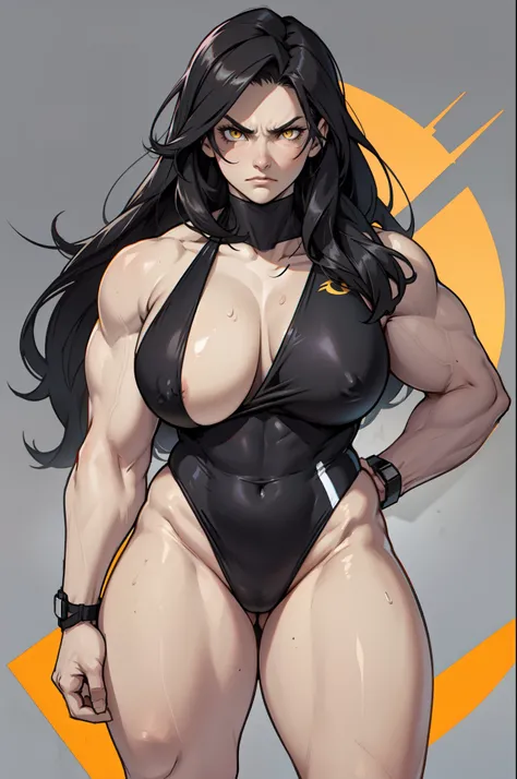 (1girl) pale skin huge breasts (muscular)) toned body thick thighs black hair yellow eyes (swimsuit long hair grey background) bodybuilder angry