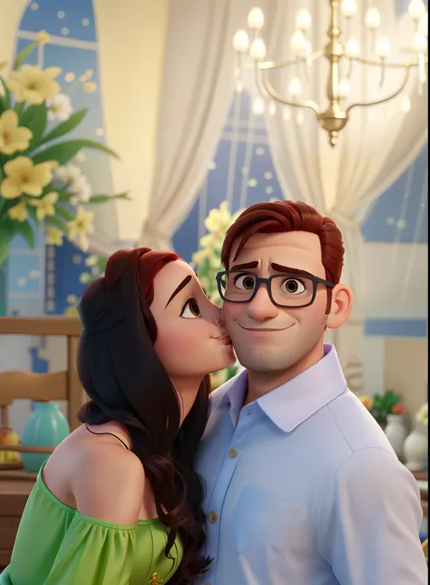 Casal (homem moreno e mulher branca) no estilo Disney Pixar, alta qualidade, melhor qualidade.