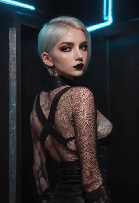 Punk woman wearing a black fishnet top posing for a photo in a club at night, night club lights, black make-up, techno aesthetic, techno fashion, red neon lights, ultra detailed, masterpiece.