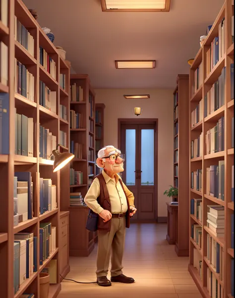 A wise old man standing in front, illuminated by the light of a lamp, against the backdrop of a library