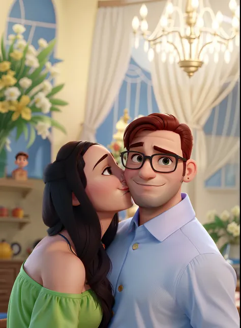 Casal (homem moreno e mulher branca) no estilo Disney Pixar, alta qualidade, melhor qualidade.