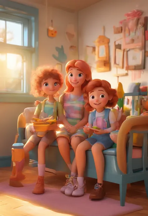 Estilo Pixar: Familia, Um pai, A mother and two girls. Uma menino de 6 anos e outro de 2 anos . Uma fazenda com vacas lindas e marrom .