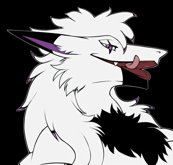 por zackary911, zackary911, sergal, anthro, femea, preto e branco, olhos roxo e sinistros, presas, large lips, tongue out