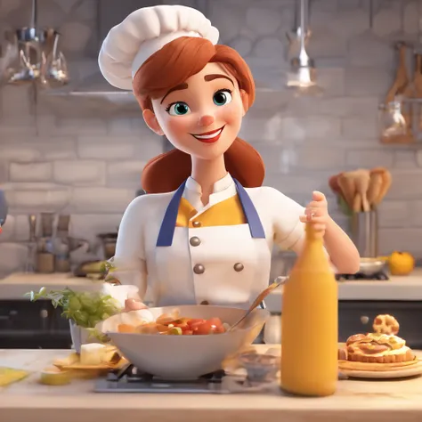 Crie uma cena de desenho animado  estilo 3d -Pixar, Onde uma mulher, de cabelos lisos castanhos com 35 anos de idade, Shes cooking dressed as a pastry chef.