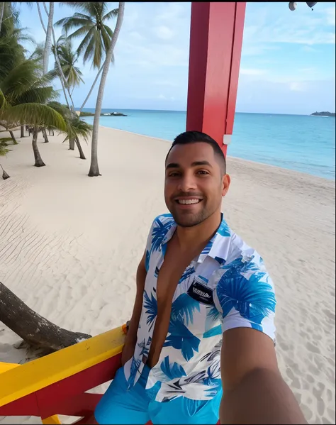 Theres a man taking a selfie on the beach, em uma praia tropical, posando em uma praia com o oceano, foto de praia, paradise in the background, na praia, posando na praia, com camisa havaiana, sentado na praia, vacation photo, standing on a beach in boraca...