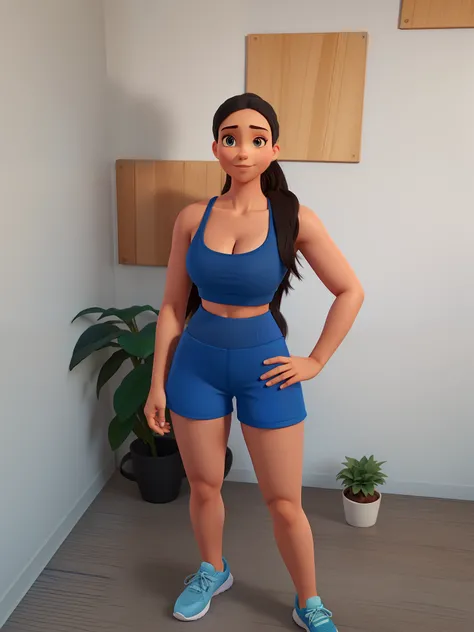 There is a woman in a blue top and shorts posing for a photo, sport bra and dark blue shorts, bra and shorts streetwear, roupa de couro azul-marinho apertado, sport bra and shorts, croptop e shorts, Matte Navy - Bodysuit Azul, mulher curta robusta, Pose fr...